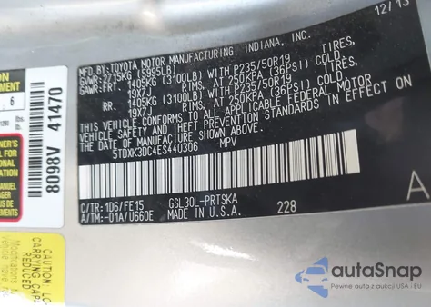 2014 Toyota Sienna Se 8 Passenger z USA, uszkodzony, nr VIN 5TDXK3DC4ES440306